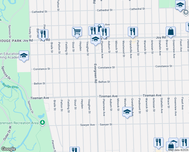 map of restaurants, bars, coffee shops, grocery stores, and more near 8226 Vaughan Street in Detroit