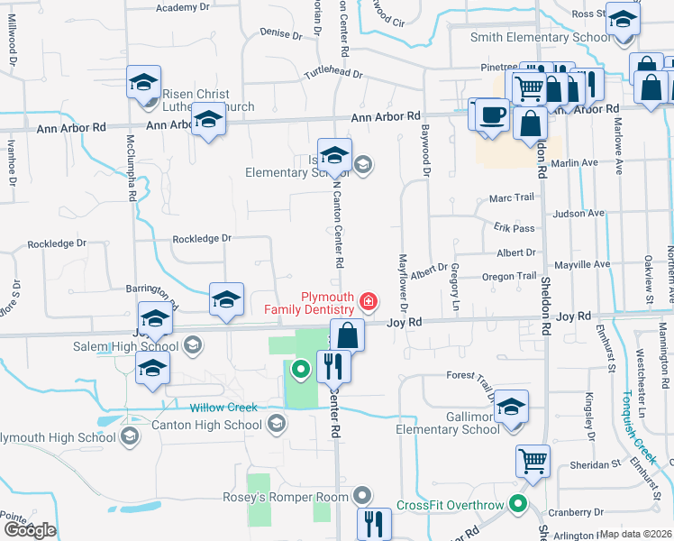 map of restaurants, bars, coffee shops, grocery stores, and more near 8980 North Canton Center Road in Plymouth