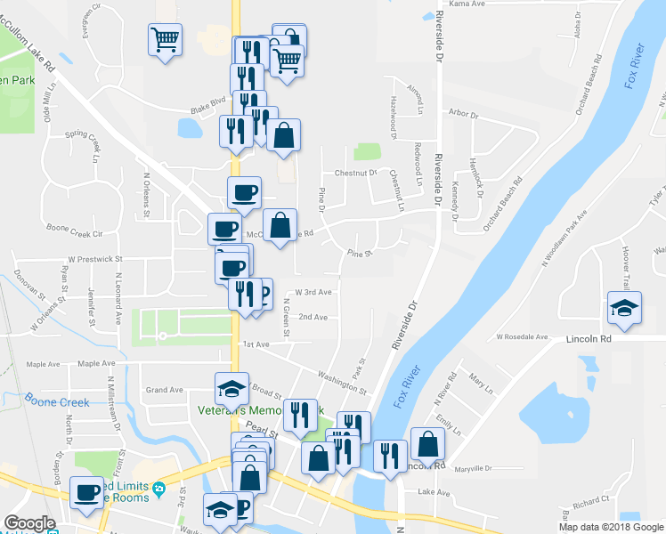 map of restaurants, bars, coffee shops, grocery stores, and more near 3304 Twisted Oak Court in McHenry