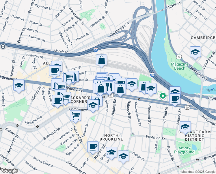 map of restaurants, bars, coffee shops, grocery stores, and more near 1079 Commonwealth Avenue in Boston