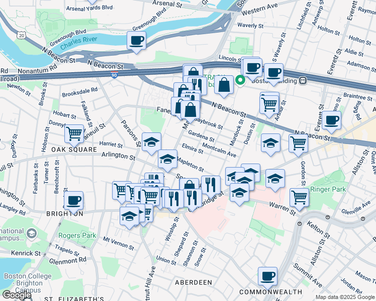 map of restaurants, bars, coffee shops, grocery stores, and more near 90 Glencoe Street in Boston