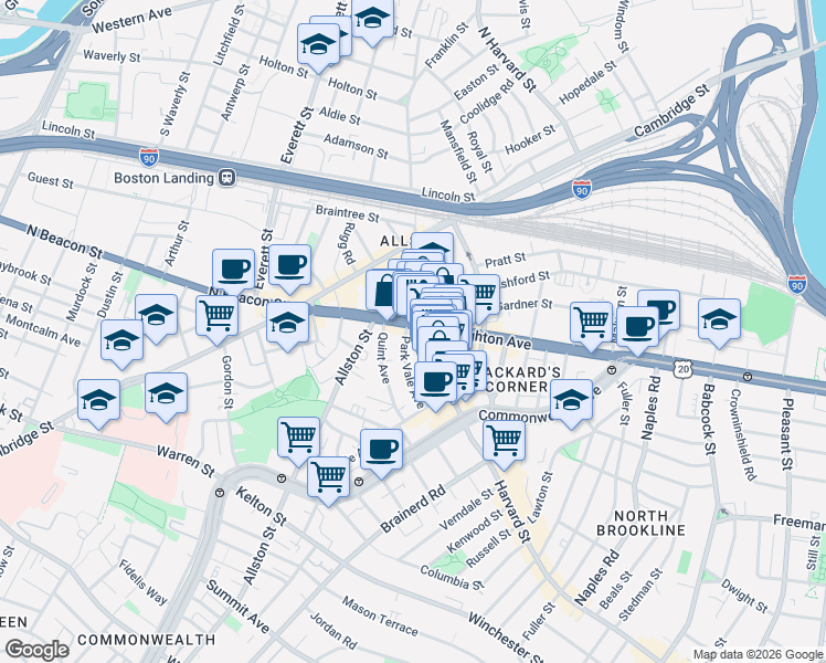 map of restaurants, bars, coffee shops, grocery stores, and more near 47 Park Vale Avenue in Boston