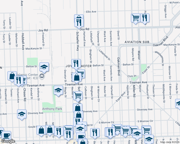 map of restaurants, bars, coffee shops, grocery stores, and more near 8075 Bingham Street in Detroit