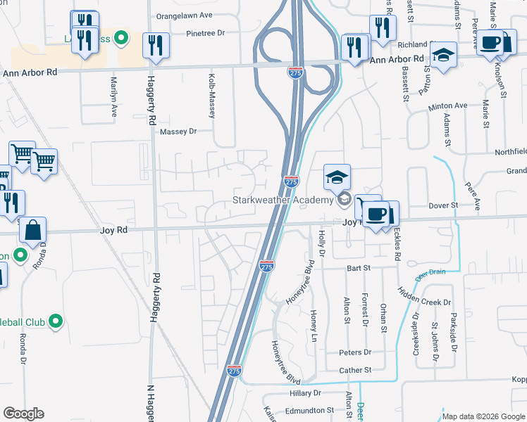 map of restaurants, bars, coffee shops, grocery stores, and more near 40358 Newport Drive in Plymouth