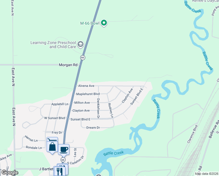 map of restaurants, bars, coffee shops, grocery stores, and more near 245 Maplehurst Boulevard in Battle Creek