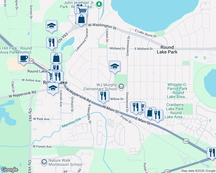 map of restaurants, bars, coffee shops, grocery stores, and more near 241 Linden Drive in Round Lake Park
