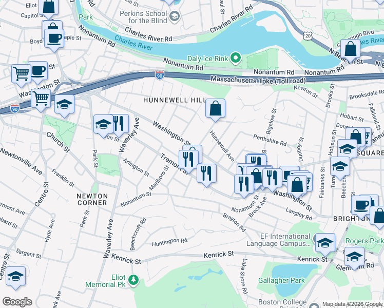 map of restaurants, bars, coffee shops, grocery stores, and more near 726 Washington Street in Boston