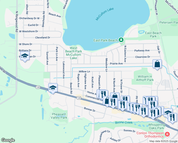 map of restaurants, bars, coffee shops, grocery stores, and more near Willow Lane in McHenry