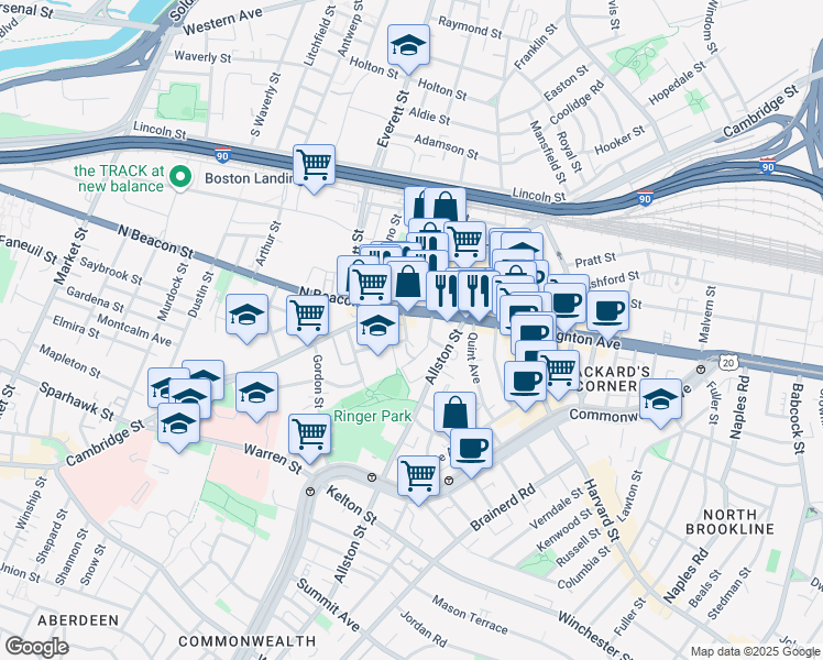 map of restaurants, bars, coffee shops, grocery stores, and more near 21-23 Higgins Street in Boston