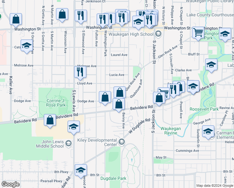 map of restaurants, bars, coffee shops, grocery stores, and more near 1509 Salem Avenue in Waukegan