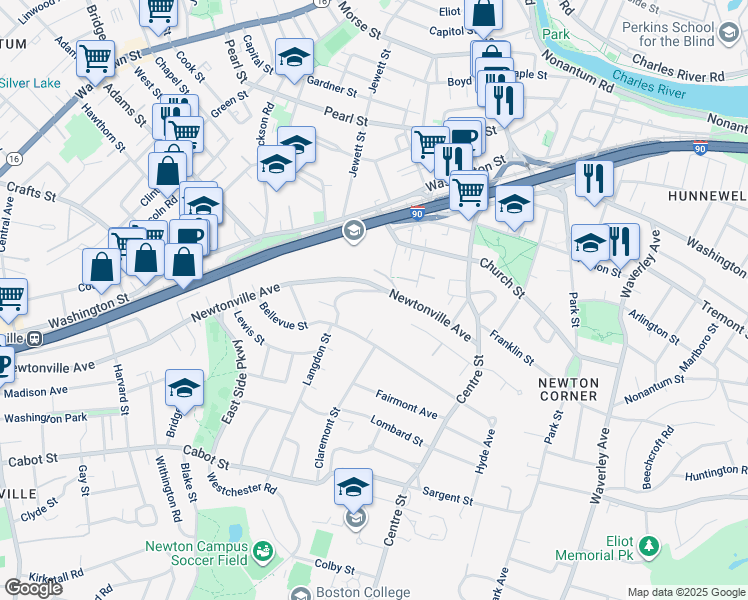 map of restaurants, bars, coffee shops, grocery stores, and more near 16 Summit Street in Newton