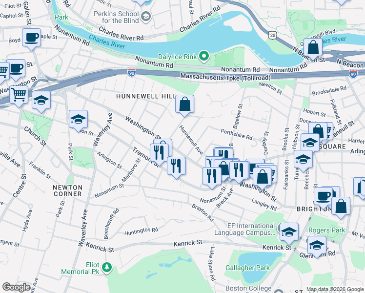 map of restaurants, bars, coffee shops, grocery stores, and more near 697 Washington Street in Boston