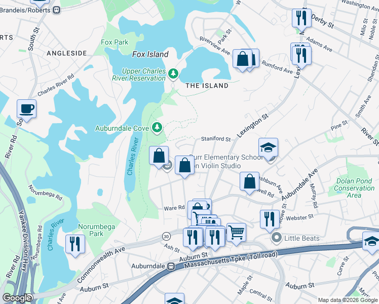 map of restaurants, bars, coffee shops, grocery stores, and more near 89 Staniford Street in Newton