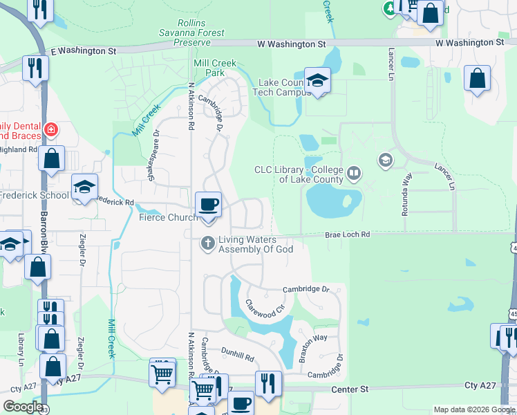 map of restaurants, bars, coffee shops, grocery stores, and more near 1085 Blackburn Drive in Grayslake