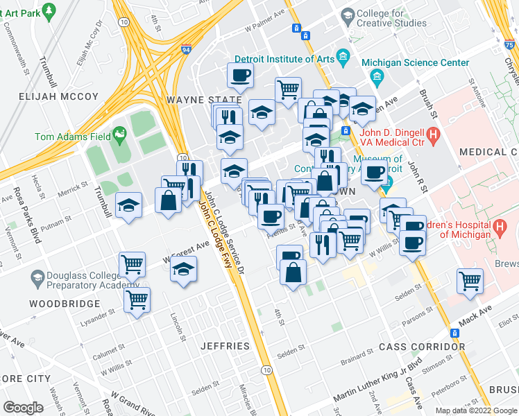 map of restaurants, bars, coffee shops, grocery stores, and more near 4732 3rd St in Detroit