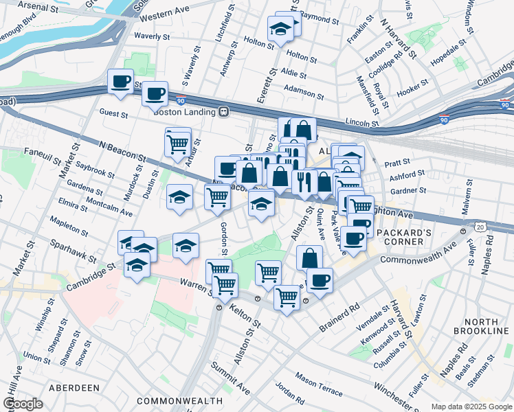 map of restaurants, bars, coffee shops, grocery stores, and more near 1 Islington Street in Boston