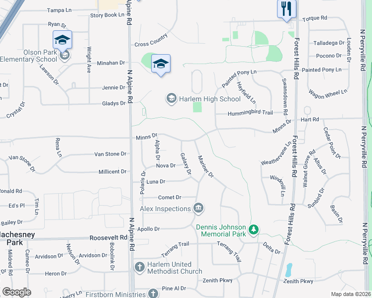 map of restaurants, bars, coffee shops, grocery stores, and more near 9030 Mariner Drive in Machesney Park