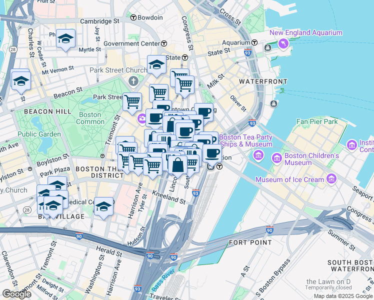 map of restaurants, bars, coffee shops, grocery stores, and more near 125 Summer Street in Boston