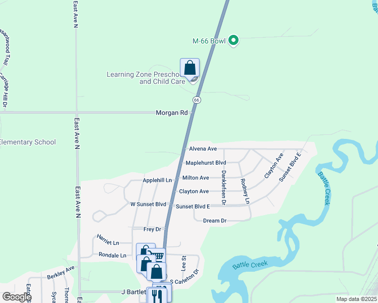 map of restaurants, bars, coffee shops, grocery stores, and more near 109 Maplehurst Boulevard in Battle Creek