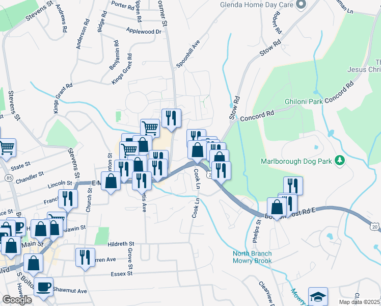 map of restaurants, bars, coffee shops, grocery stores, and more near 328 East Main Street in Marlborough