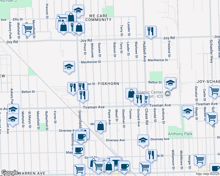 map of restaurants, bars, coffee shops, grocery stores, and more near 8138 Coyle Street in Detroit