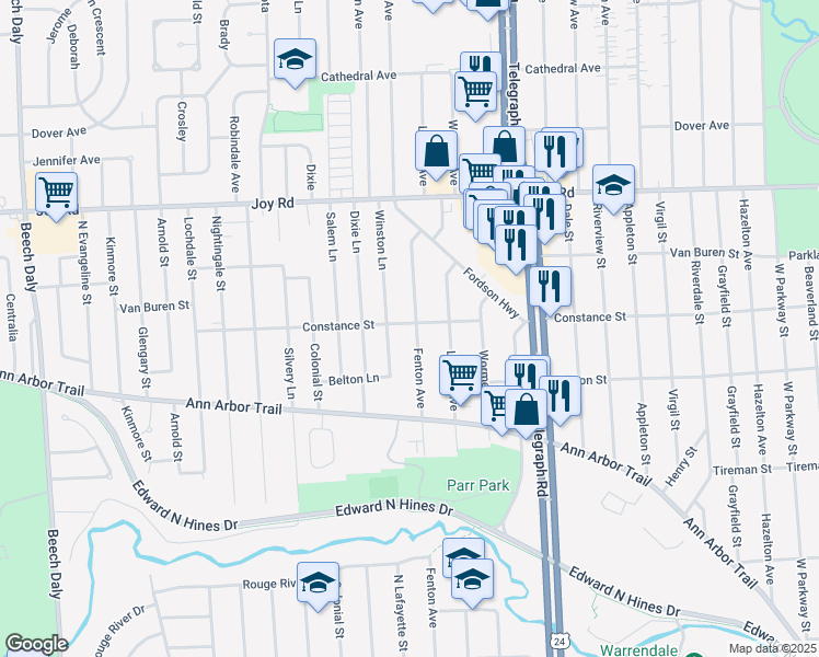 map of restaurants, bars, coffee shops, grocery stores, and more near 8298 Fenton Street in Dearborn Heights