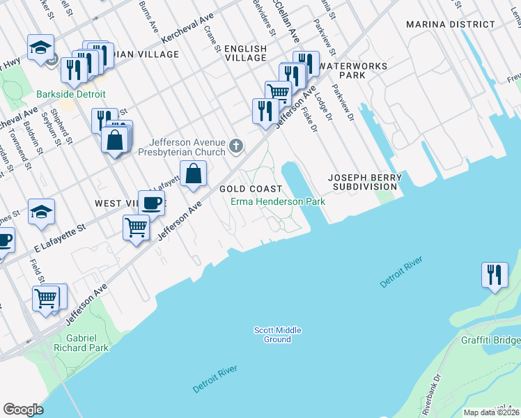 map of restaurants, bars, coffee shops, grocery stores, and more near 315 Burns Drive in Detroit