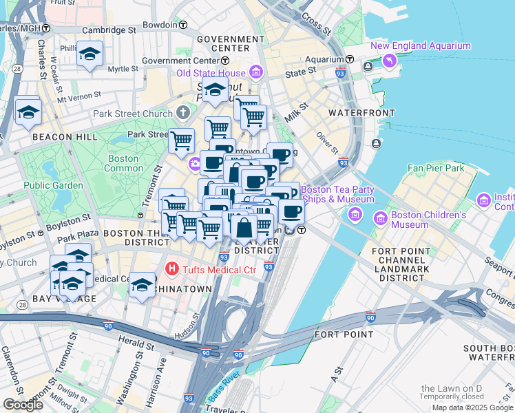 map of restaurants, bars, coffee shops, grocery stores, and more near 23 Lincoln Street in Boston