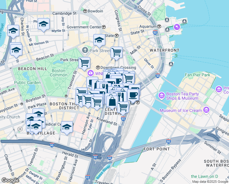 map of restaurants, bars, coffee shops, grocery stores, and more near 23 Lincoln Street in Boston