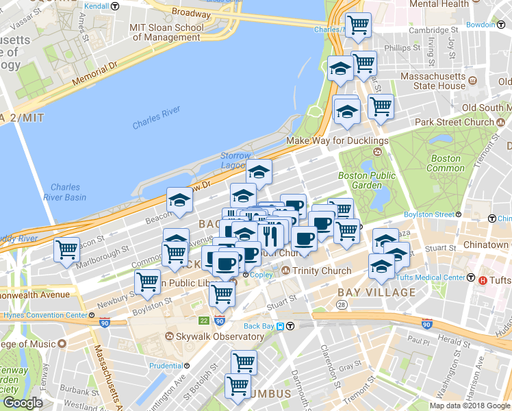 map of restaurants, bars, coffee shops, grocery stores, and more near 123 Commonwealth Avenue in Boston