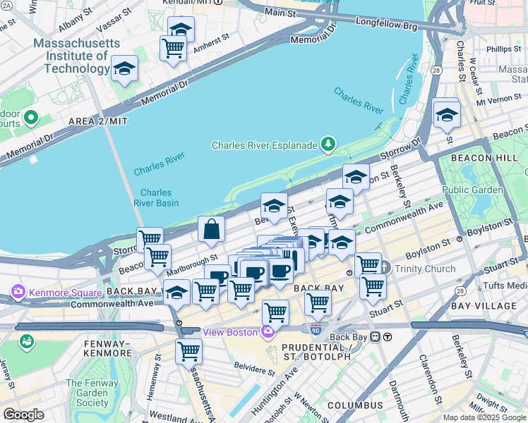 map of restaurants, bars, coffee shops, grocery stores, and more near 10 Fairfield Street in Boston