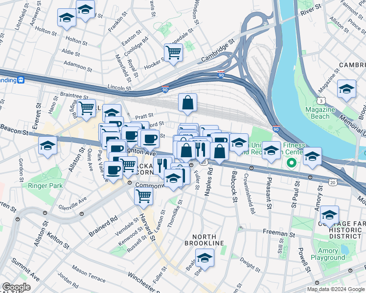 map of restaurants, bars, coffee shops, grocery stores, and more near in Boston
