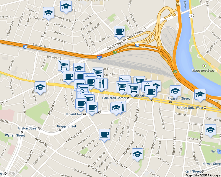 map of restaurants, bars, coffee shops, grocery stores, and more near 39 Brighton Avenue in Boston