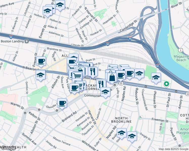 map of restaurants, bars, coffee shops, grocery stores, and more near 66 Brighton Avenue in Boston