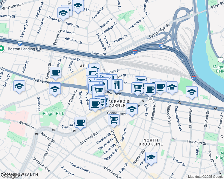 map of restaurants, bars, coffee shops, grocery stores, and more near 100 U.S. 20 in Boston