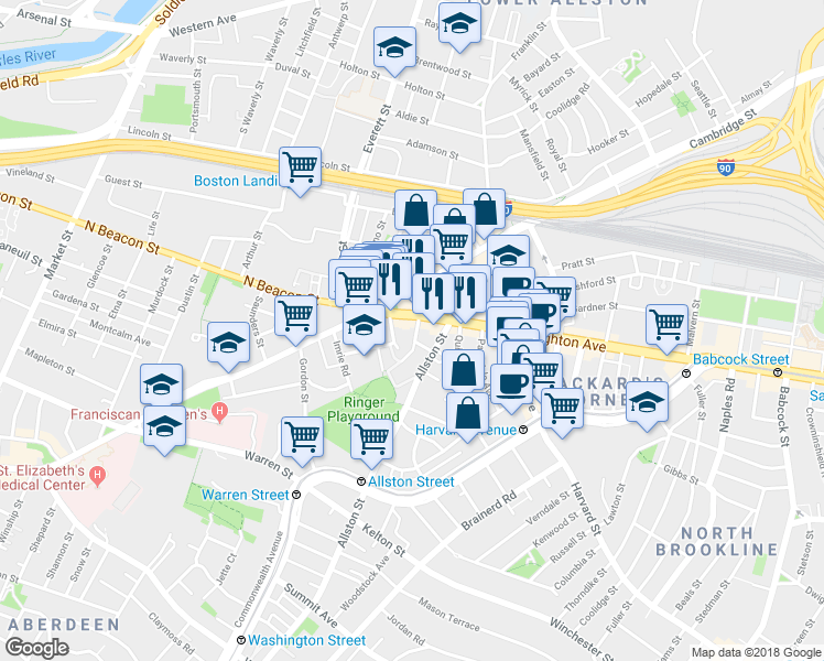 map of restaurants, bars, coffee shops, grocery stores, and more near 21-23 Higgins Street in Boston