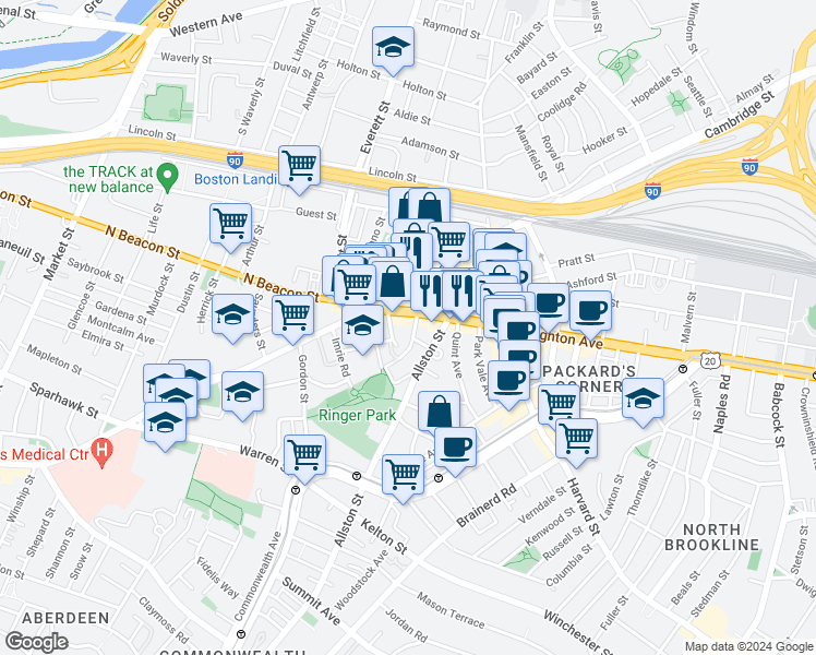 map of restaurants, bars, coffee shops, grocery stores, and more near 21-23 Higgins Street in Boston