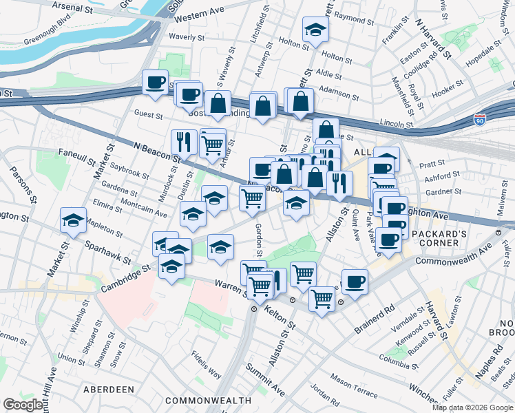 map of restaurants, bars, coffee shops, grocery stores, and more near in Boston