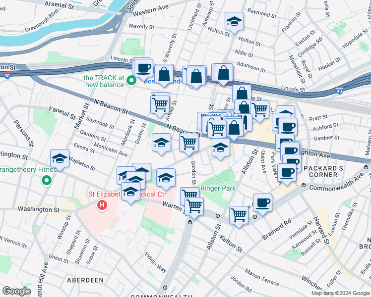 map of restaurants, bars, coffee shops, grocery stores, and more near in Boston