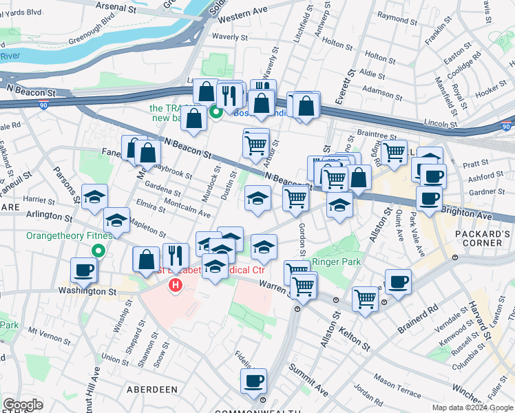 map of restaurants, bars, coffee shops, grocery stores, and more near 625-667 Cambridge Street in Boston