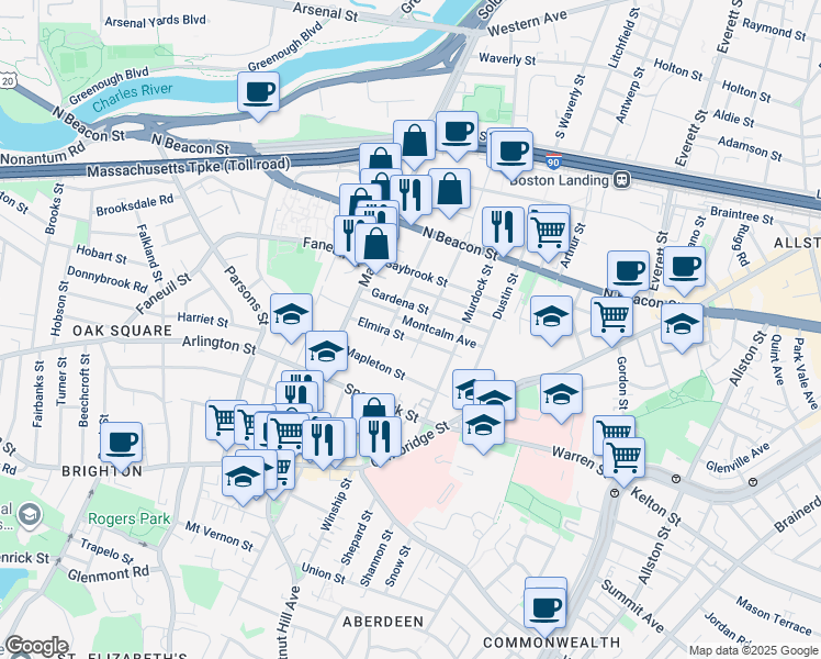 map of restaurants, bars, coffee shops, grocery stores, and more near 96 Etna Street in Boston