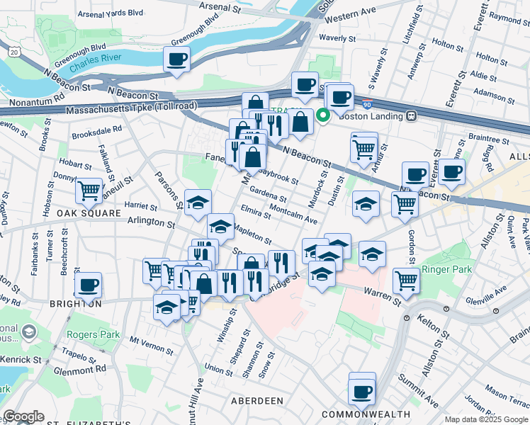 map of restaurants, bars, coffee shops, grocery stores, and more near 90 Glencoe Street in Boston