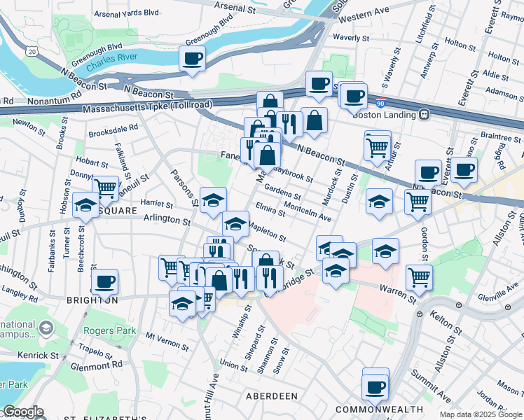 map of restaurants, bars, coffee shops, grocery stores, and more near 90 Glencoe Street in Boston