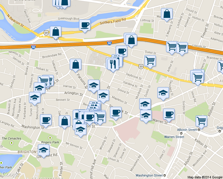 map of restaurants, bars, coffee shops, grocery stores, and more near in Boston