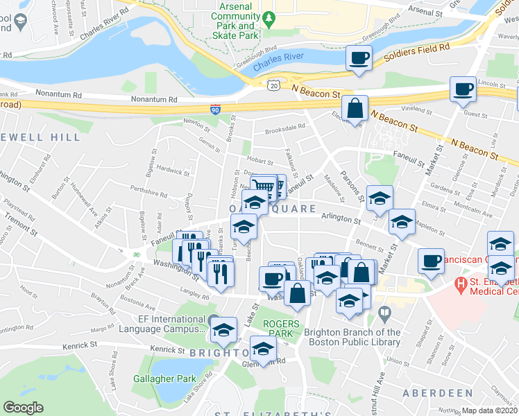map of restaurants, bars, coffee shops, grocery stores, and more near in Boston