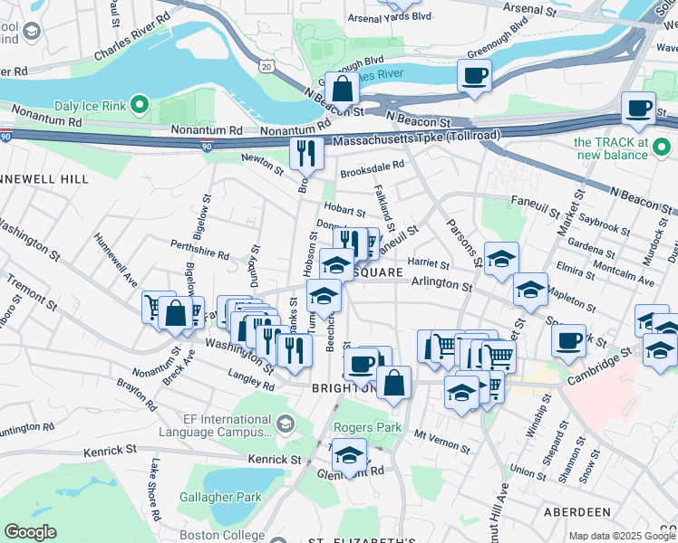 map of restaurants, bars, coffee shops, grocery stores, and more near 278 Faneuil Street in Boston