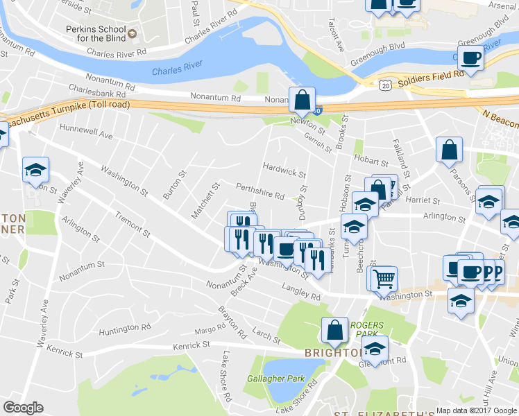 map of restaurants, bars, coffee shops, grocery stores, and more near 25 Bigelow Street in Boston