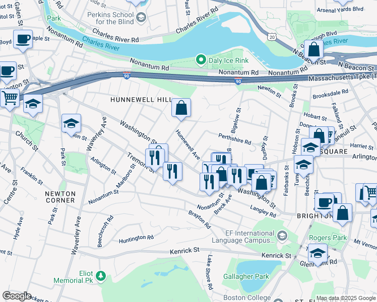 map of restaurants, bars, coffee shops, grocery stores, and more near 697 Washington Street in Boston