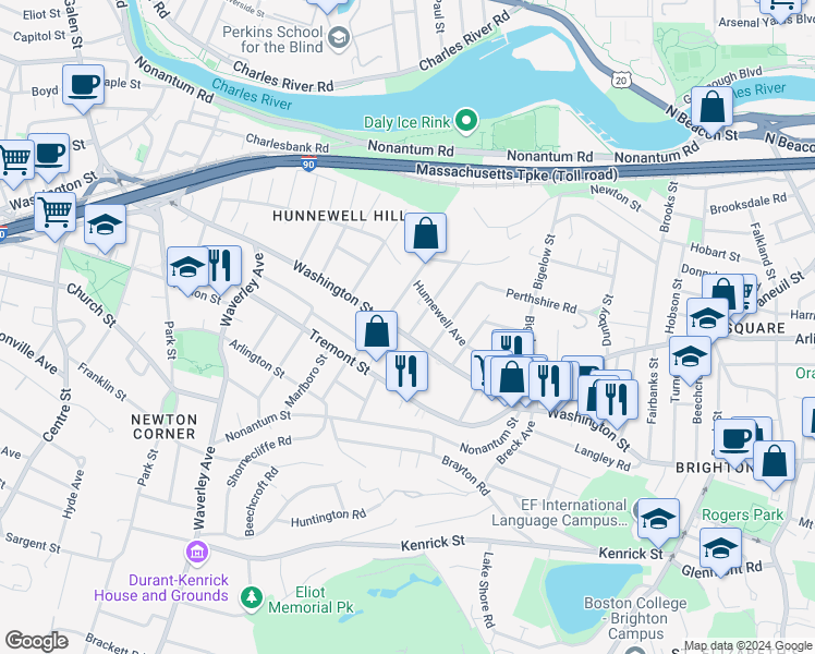map of restaurants, bars, coffee shops, grocery stores, and more near 697 Washington Street in Boston