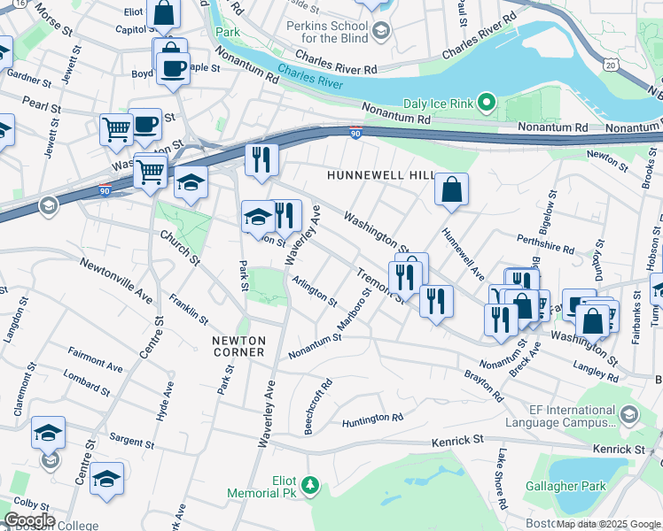 map of restaurants, bars, coffee shops, grocery stores, and more near 24 Belmont Street in Newton